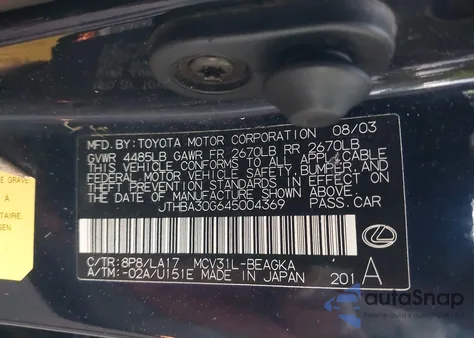 2004 Lexus Es 330 z USA, uszkodzony, nr VIN JTHBA30G645004369